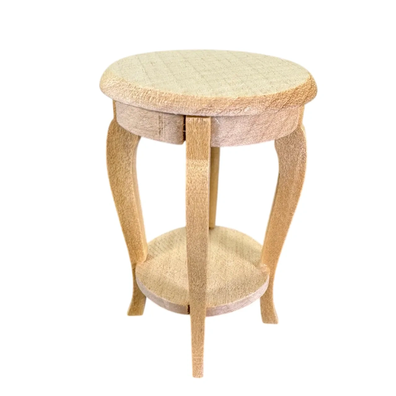Guéridon miniature en bois brut avec plateau rond et tablette basse