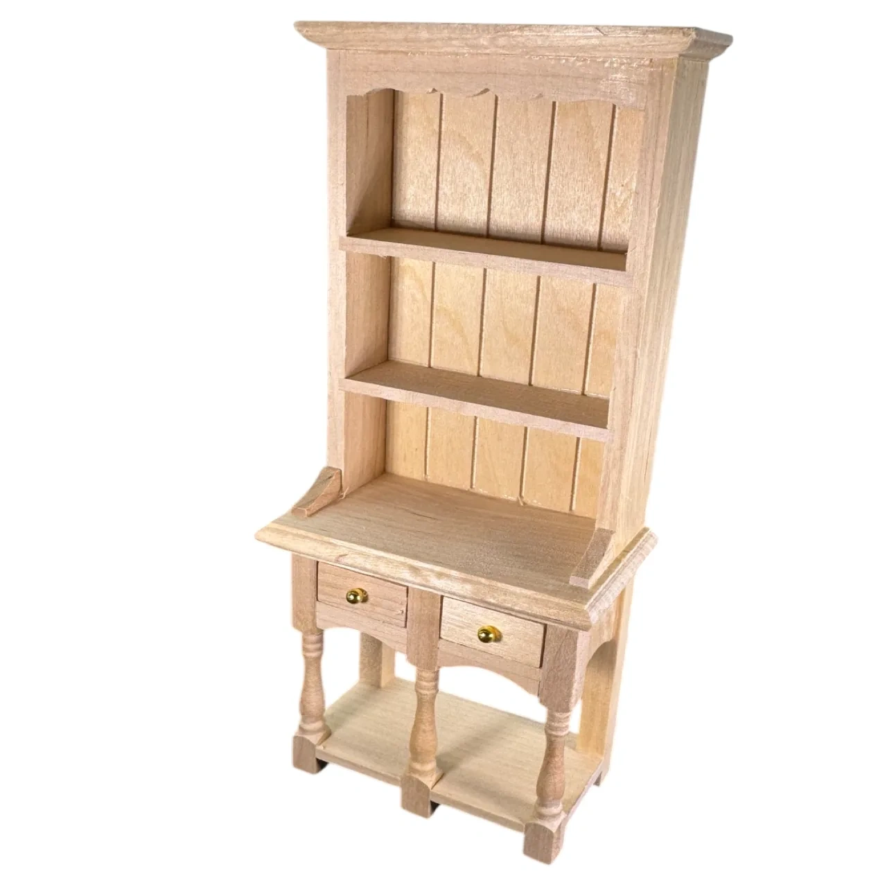 Vaisselier miniature en bois brut avec deux étagères et tablette basse