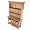 Vaisselier miniature en bois naturel avec trois tiroirs ouverts, étagères et tablette basse – 1/12e