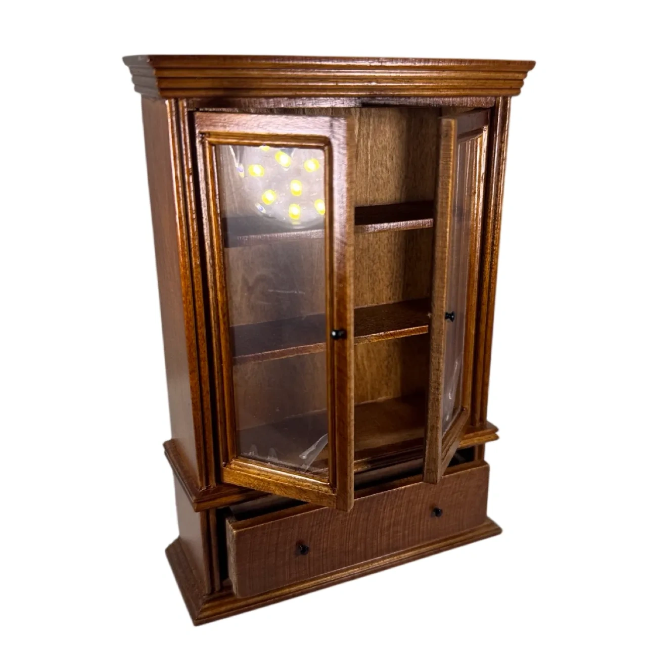 Bibliothèque vitrine miniature avec 2 portes et tiroir ouverts