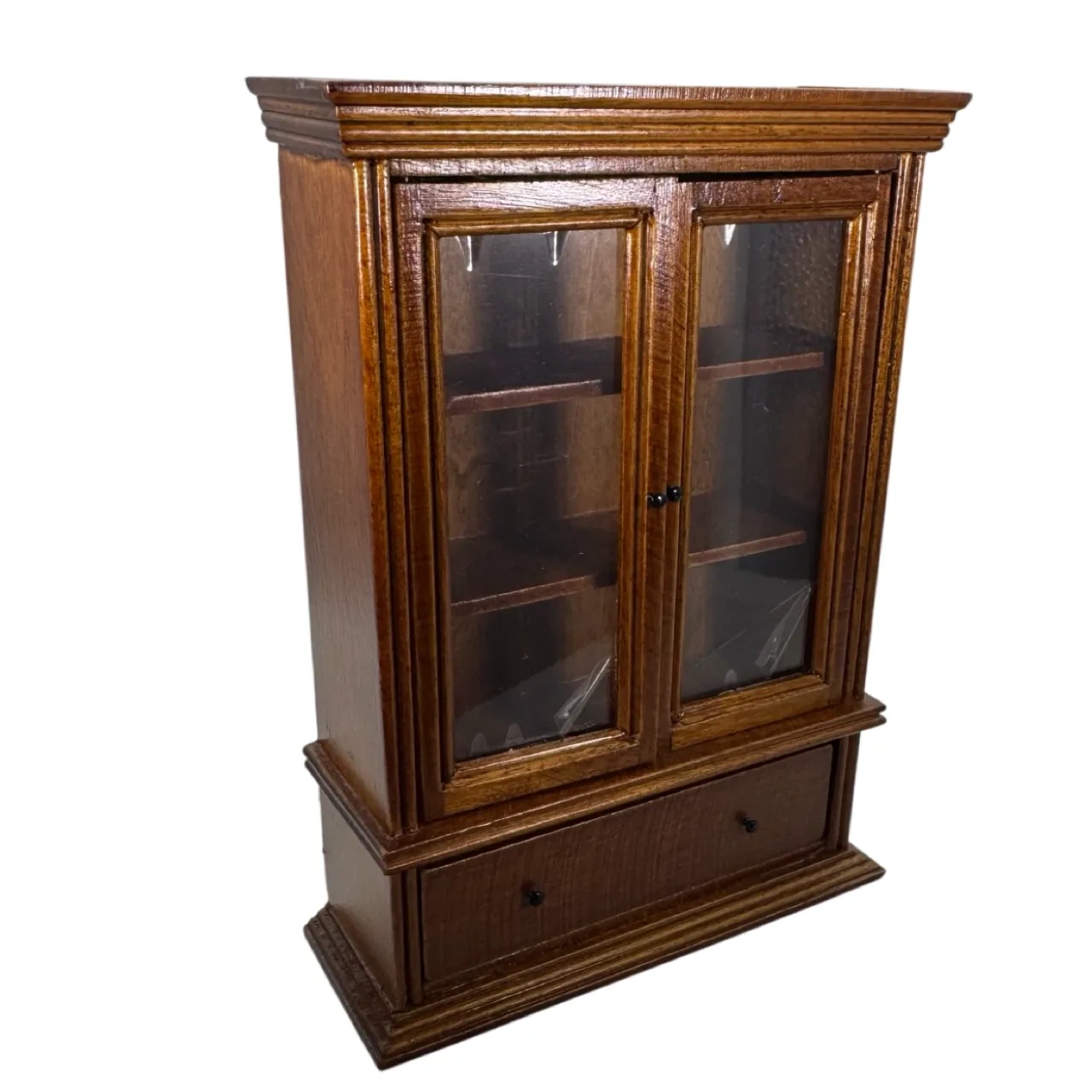 Bibliothèque vitrine miniature en bois teinté vue de face