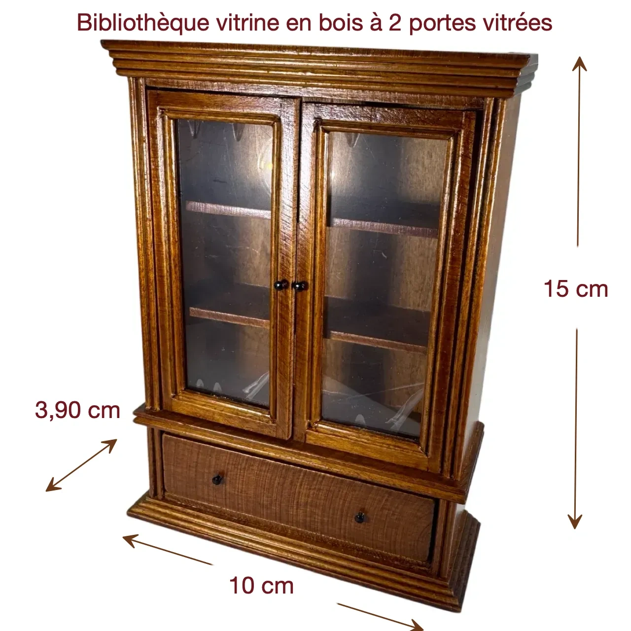 Bibliothèque vitrine miniature en bois teinté avec dimensions