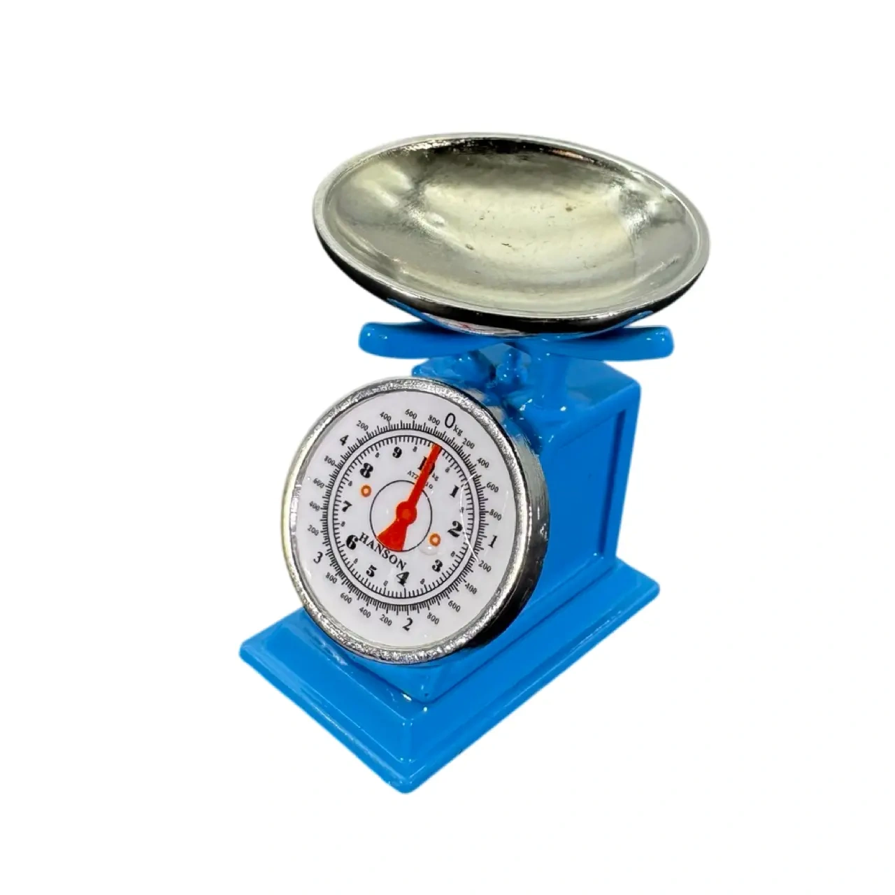 Balance miniature bleue en métal avec plateau argenté