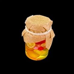 Bocal de fruits jaunes miniature en verre avec habillage en papier