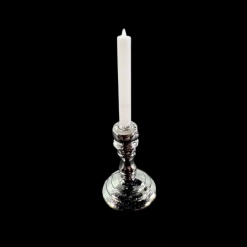 Bougeoir miniature en métal coloris gris argent avec bougie blanche
