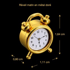 Réveil matin miniature doré en métal avec dimensions