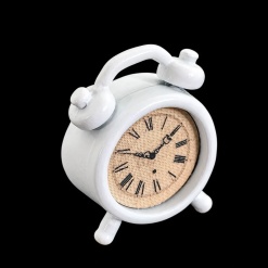 Réveil matin miniature en métal blanc avec cadran beige