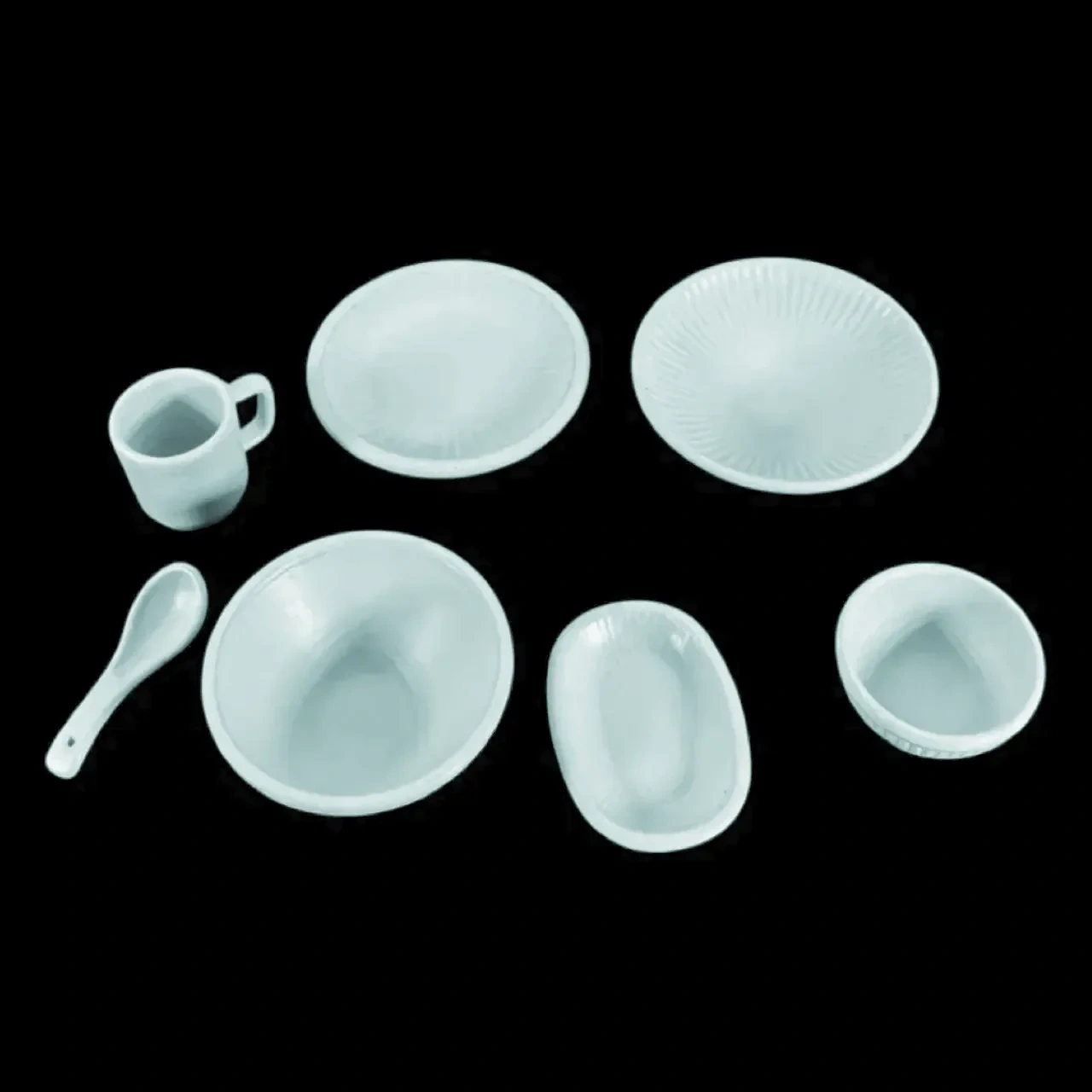 Service de vaisselle chinoise miniature en métal bleu pâle 7 pièces