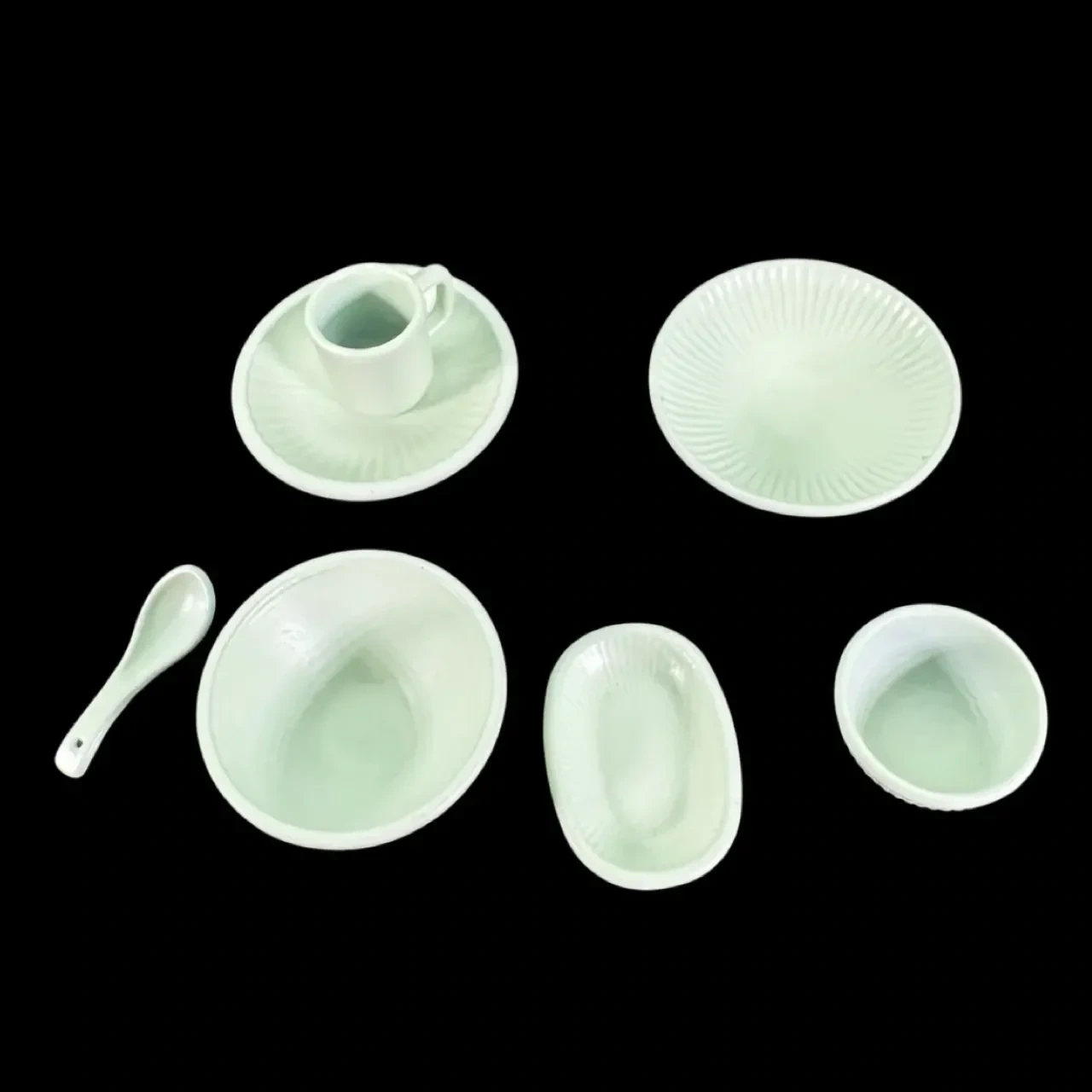 Service de vaisselle chinoise miniature en métal vert céladon 7 pièces