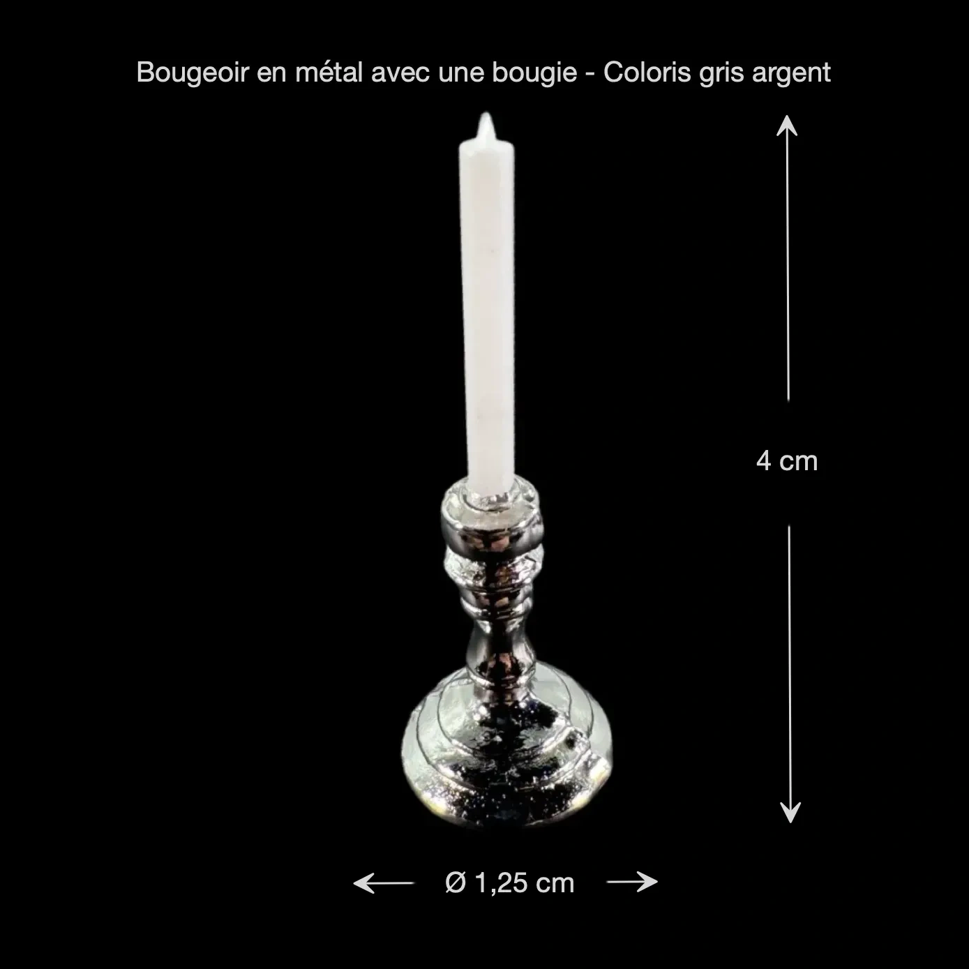 Bougeoir miniature en métal coloris gris argent avec dimensions