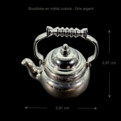 Bouilloire miniature coloris gris argent en métal avec dimensions
