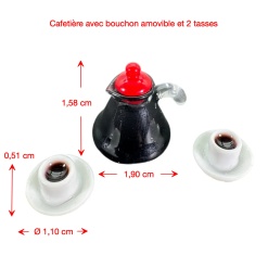 Cafetière miniature noire avec deux tasses et dimensions