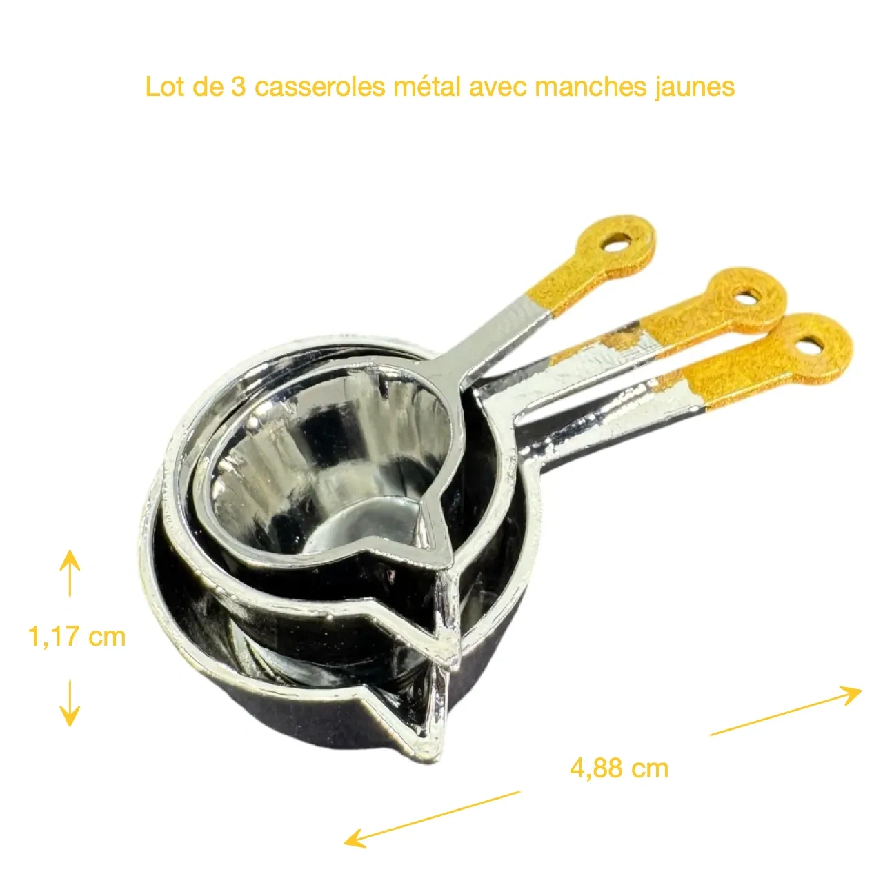 Casseroles miniatures chromées manches jaunes avec dimensions