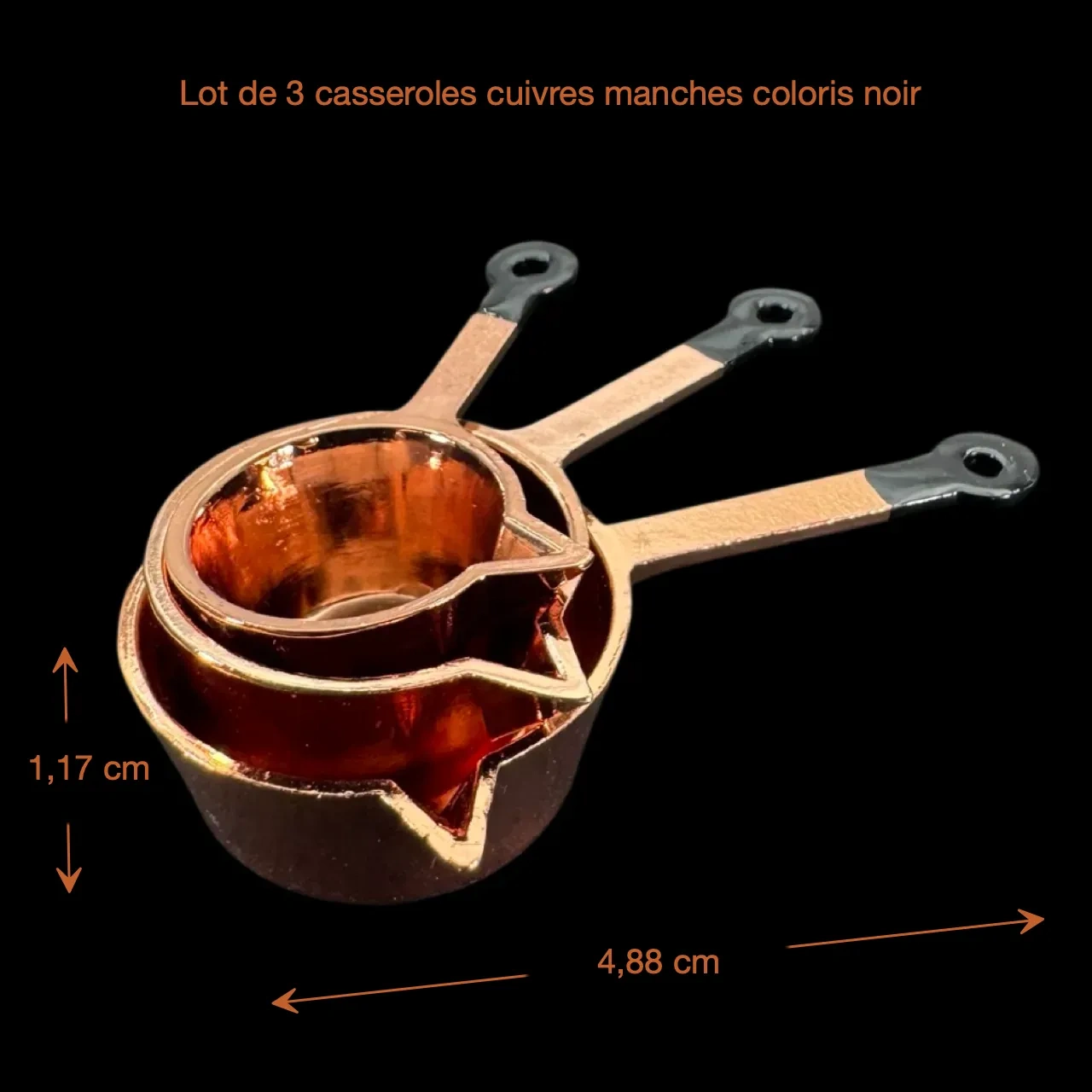 Casseroles miniatures cuivrées manches noirs avec dimensions