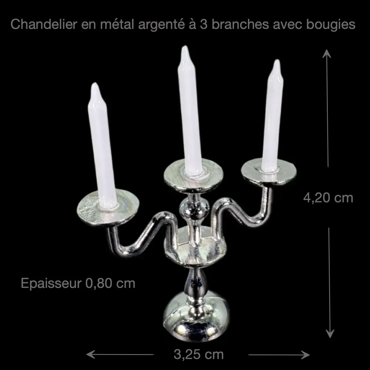 Chandelier miniature argenté avec dimensions 3,25 × 0,80 × 4,20 cm
