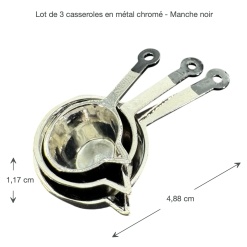 Lot de 3 casseroles miniatures chromées avec dimensions