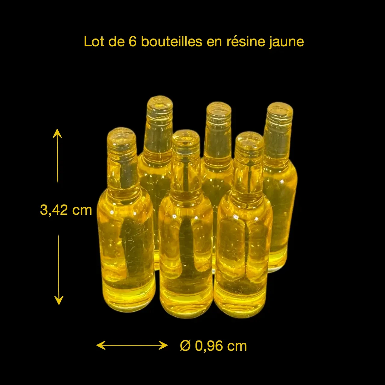 Dimensions du lot de 6 bouteilles miniatures jaunes en résine