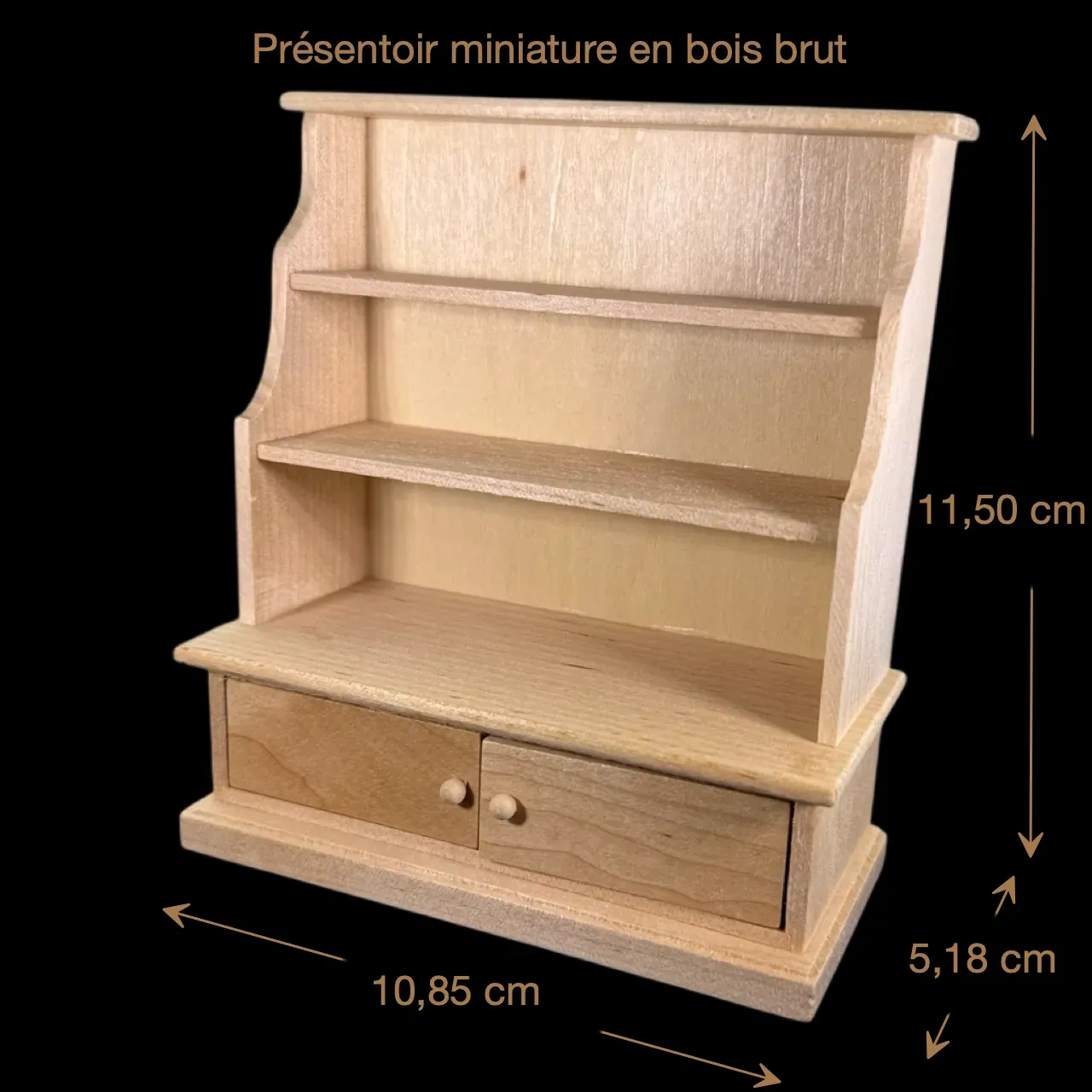 Présentoir miniature en bois brut avec dimensions au 1/12e