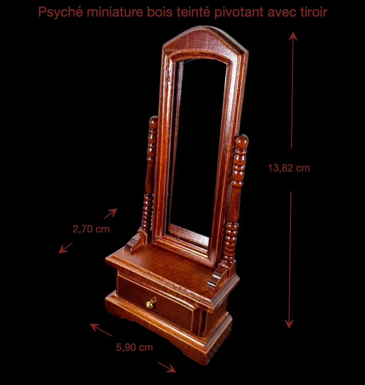 Psyché miniature pivotante en bois brun avec dimensions au 1/12e