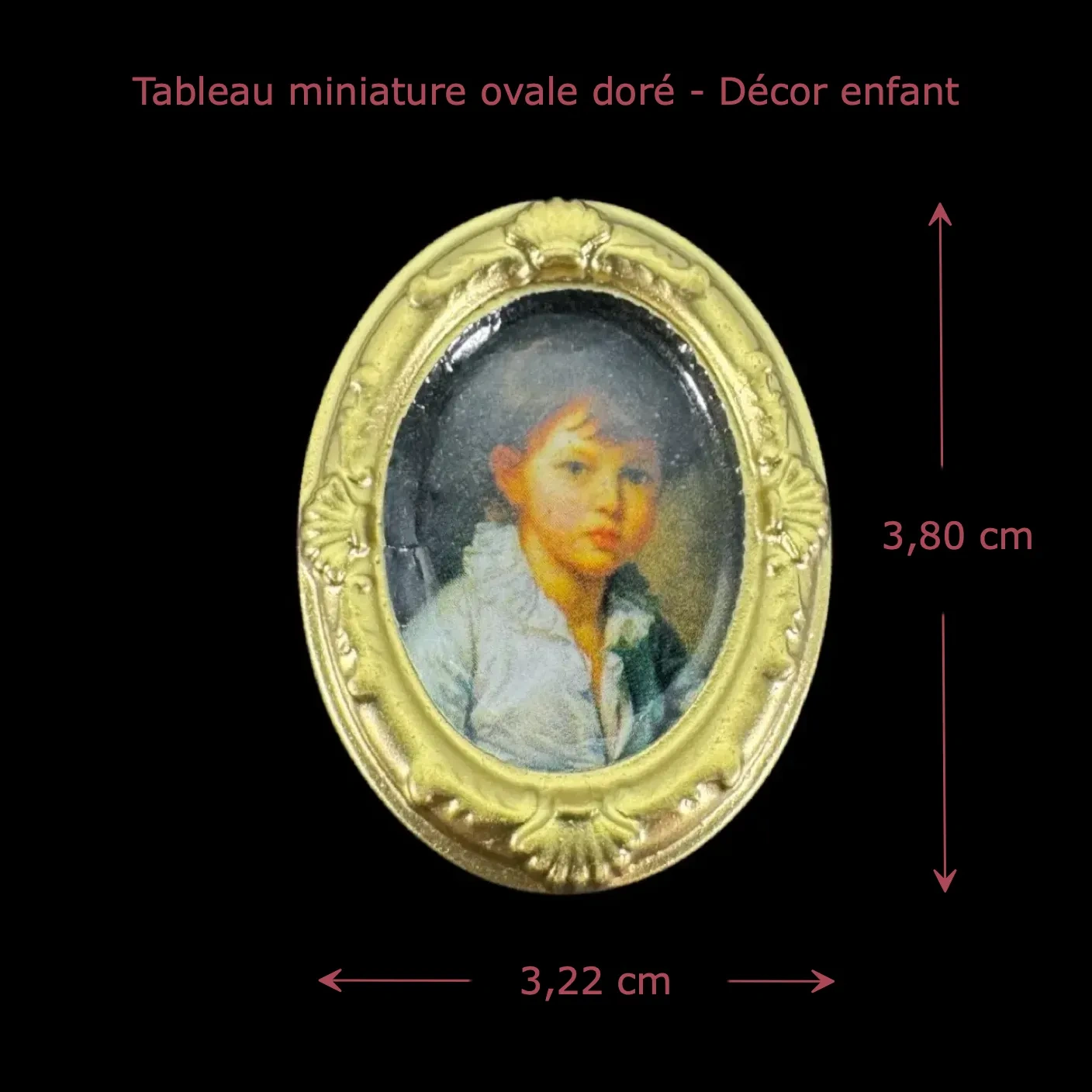 Tableau miniature ovale doré avec portrait d'enfant dimensions 3,22 x 3,80 cm