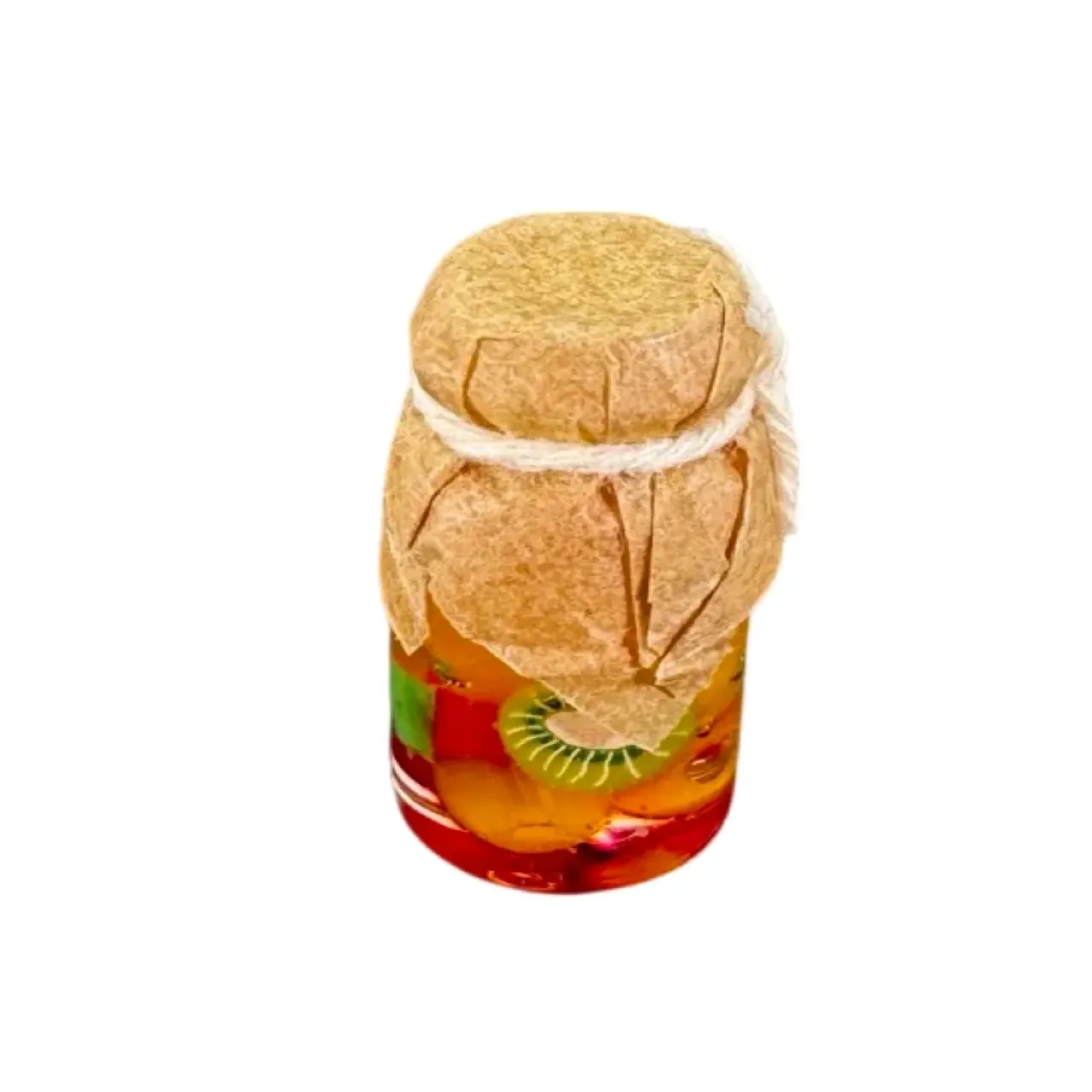 Bocal de fruits miniatures en verre avec papier brun et ficelle