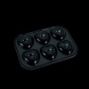 Dos du moule à gâteaux miniature noir avec 6 empreintes en forme de cœur