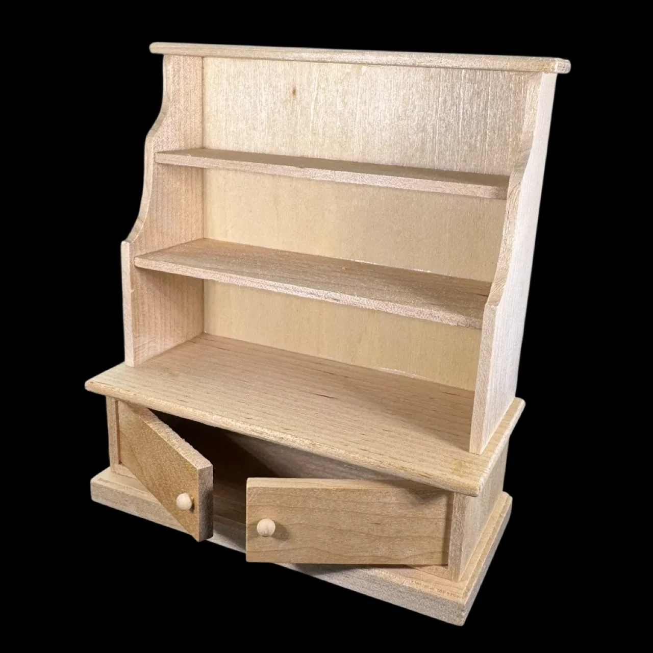 Présentoir miniature en bois brut avec 2 portes ouvertes au 1/12e
