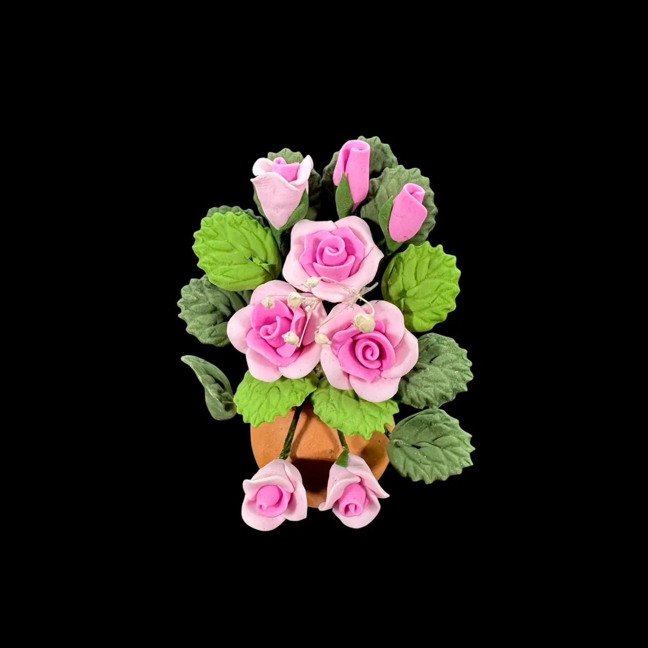 Roses roses miniatures en pot avec feuilles vertes échelle 1/12e