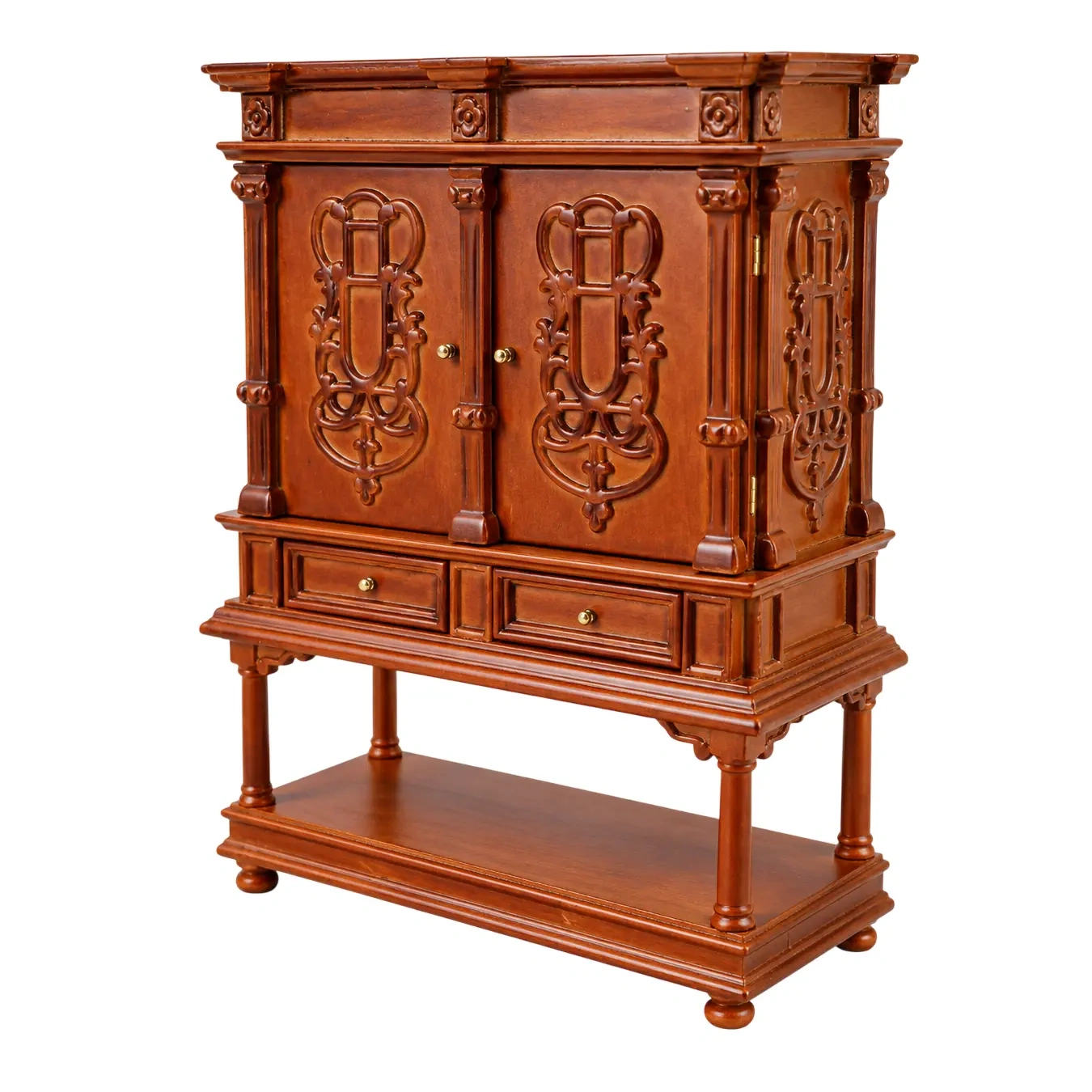 Cabinet de curiosités miniature en bois vue de côté sur fond blanc 1/12e
